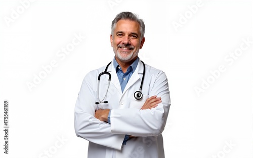 Middle age doctor man wearing coat and stethoscope standing over isolated white background happy face smiling with crossed arms looking at the camera. Positive person. High quality
