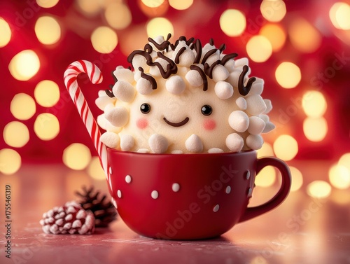 Wallpaper Mural A white confection, like a hedgehog, sits in a red mug with white dots next to a candy cane and pinecones. AI. Torontodigital.ca