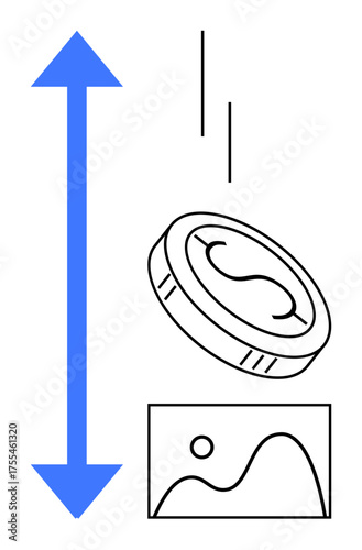 Coin in mid-air with flipping motion lines, a vertical blue arrow, and a minimalist landscape drawing. Ideal for decision-making, investment, risk, choice, duality chance balance. Simple flat