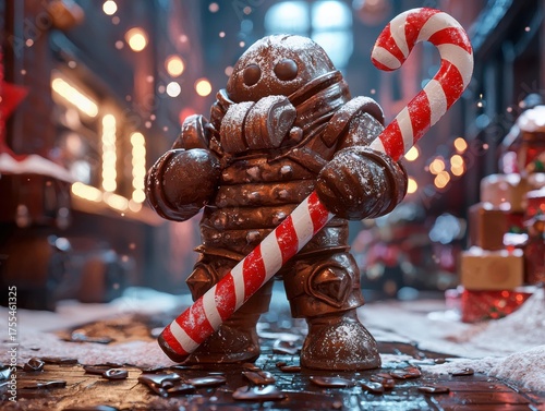 Wallpaper Mural A chocolate robot figure holds a striped candy cane, standing in a snowy, festive scene with blurred lights. AI. Torontodigital.ca