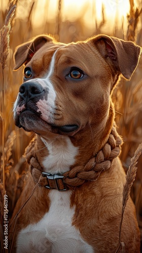 Dog with brown fur wearing a gray knitted sweater with two buttons, looking at the camera. AI.