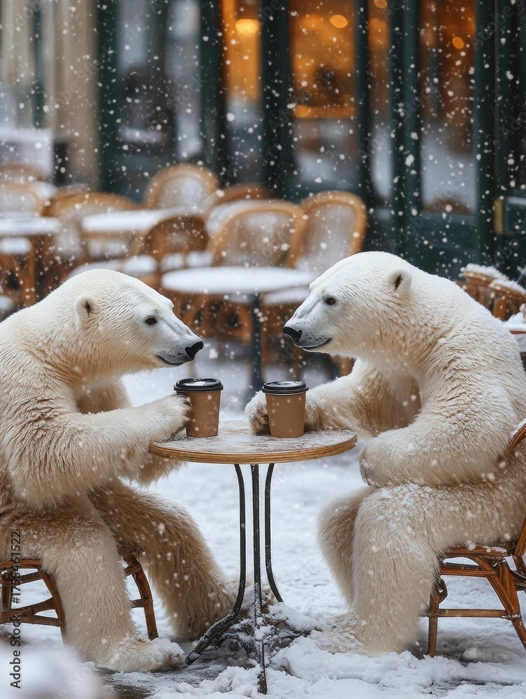 custom made wallpaper toronto digitalTwo polar bears sit at a table in the snow, with two coffee cups on the table in front of them. AI.