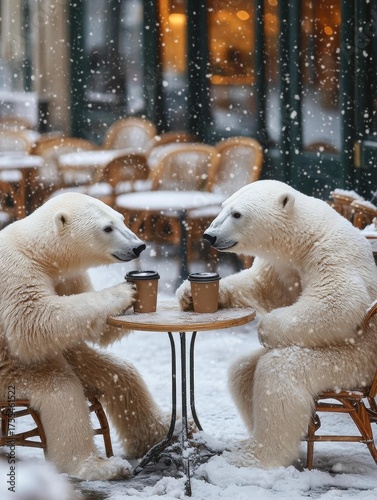 Wallpaper Mural Two polar bears sit at a table in the snow, with two coffee cups on the table in front of them. AI. Torontodigital.ca