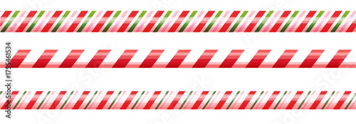 Candy cane border christmas decoration, holiday sweet seamless decor.Stripes green, red and pink color, thin and thick. Retro stick, lollipop, candycane. 
