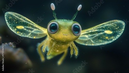 Wallpaper Mural A blue frog-like creature with golden, leaf-like wings faces the viewer. Golden bokeh dots the dark background. AI. Torontodigital.ca