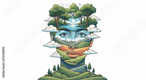 Nature face art illustration of environment landscape and human head with trees and clouds drawing design