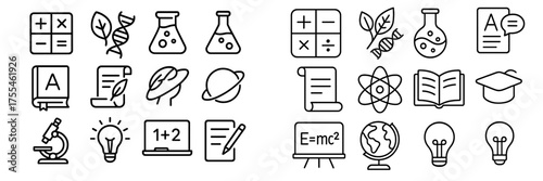 Educational icons representing science, math, and learning concepts for use in digital design and teaching materials