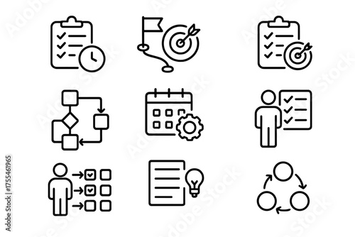 Icons representing project management tools, productivity methods, and organizational strategies for modern workflows