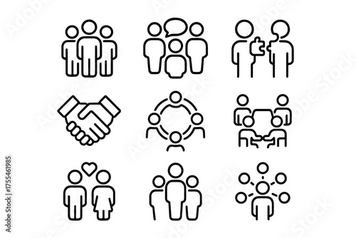 Collection of simple outline icons depicting social interactions and teamwork concepts in a modern design style