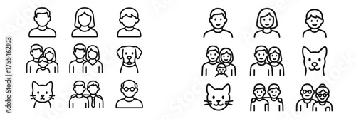 Outline of various people and animals in simple black and white icons representing diversity and family connections in everyday life