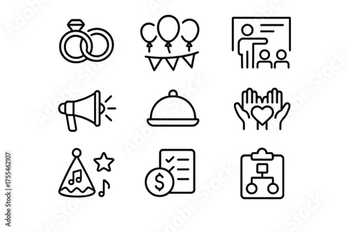 Creative icons representing wedding planning elements including rings, balloons, and event details for a celebration theme