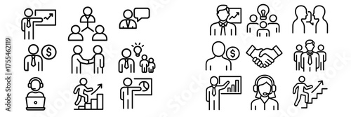 Business concepts including teamwork, leadership, and growth shown through simple line art illustrations in a modern style