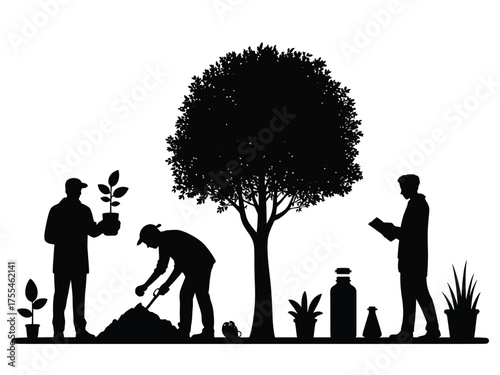 Black silhouettes of people planting and studying nature tree book