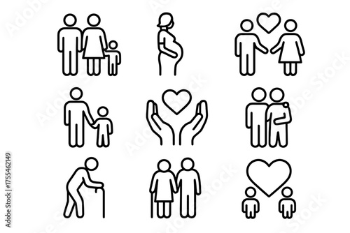 Collection of simple line icons representing family relationships, love, and support among different family members and stages of life