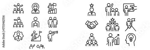 Diverse group of icons illustrating teamwork, leadership, and achievement in various professional settings