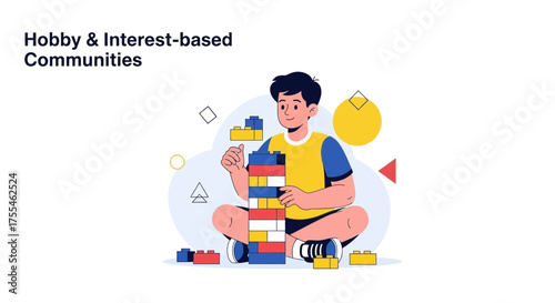 A Child Building With Colorful Blocks, A Creative Illustration About Hobby and Creativity