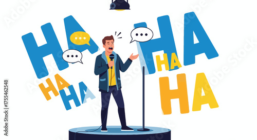 A Comedian Delivers Jokes On Stage While Generating Laughter And Speech Bubbles