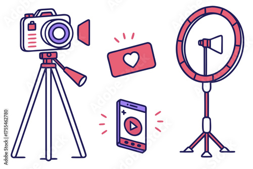Vector pack of 30 influencer & content creation icons — camera, tripod, ring light, followers, post analytics, livestream — in trendy 3D gradient flat design
