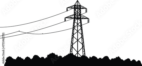 High voltage electricity transmission tower with power lines and forest silhouette, industrial energy infrastructure vector illustration for renewable power grid and electrical engineering