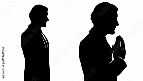 Elegant silhouette of a man in suit, one praying, the other in business attire, representing faith and career