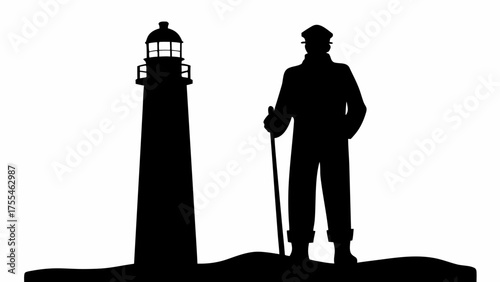 Timeless silhouette evokes maritime heritage, featuring a lighthouse keeper and his beacon of light