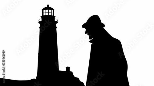 Dramatic silhouette of a lighthouse keeper and tower, a beacon of hope and guidance on a dark shore