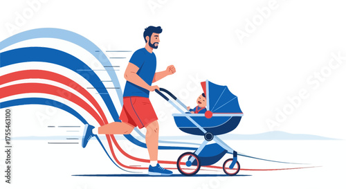 Active Father Running with Baby Stroller, Promotes Wellness while Embracing Parenthood