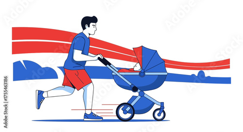 Active Parent Pushing Stroller While Running, Healthy, Happy, Family, Lifestyle