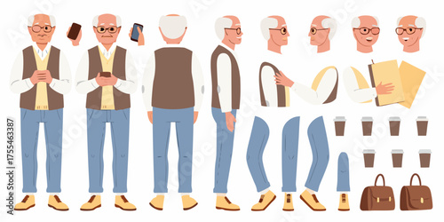 Elderly man character design kit with various poses and accessories for animation and illustration