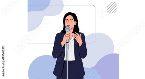 Animated Corporate Presenter Holding Microphone, Delivering Public Speech In Business Context