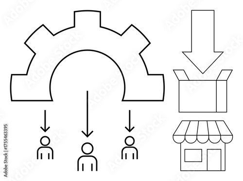 Gear distributing resources to three individuals, downward arrow guiding to package and storefront. Ideal for supply chain, resource management, logistics, teamwork, retail, production, simple flat