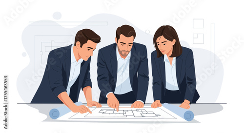 Architectural Team Collaborating On Blueprint, Discussing Design And Future Plans With Focus