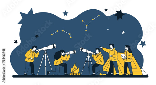 Astronomy Enthusiasts Observing Stars, Night Sky, Telescopes and Constellations Together.