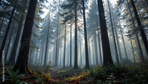 Misty Forest with Sunbeams