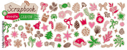 Christmas sticker. Xmas scrapbook. Christmas winter cutout collage icon. Vector Xmas doodle crayon scribble shape. Cute tree gift bell holly star. Doodle scrapbook torn paper nubs ornament. Cut-out bg