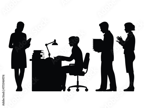 Black silhouettes of people working in a library librarians books