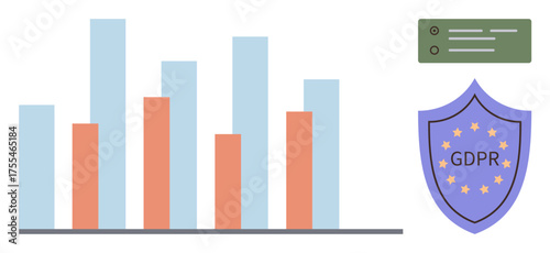 Bar chart visualizing data trends, GDPR shield symbolizing data protection, and secure server icon. Ideal for privacy, regulation, analytics, data security, compliance governance technology. Simple