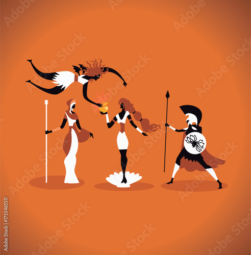 athena, aphrodite and hera discussing the golden apple