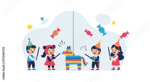 Children Celebrating Birthday Party With Pinata And Festive Accessories In A Minimalist Illustration