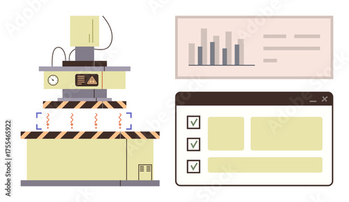 Industrial equipment monitoring vibrations, data displayed on a graph dashboard, with task checklist. Ideal for manufacturing, engineering, automation, analytics, data tracking, safety process