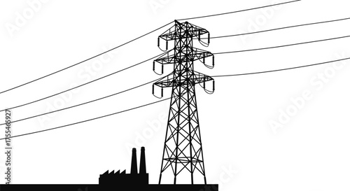High voltage electricity transmission tower with power plant silhouette, industrial energy infrastructure illustration, black and white vector design for energy and utility concept
