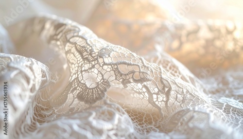 Delicate white lace fabric with intricate floral patterns in soft morning light.