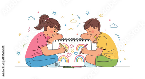 Children's Artistic Endeavor: Rainbows, Hearts, and Creative Illustration Session
