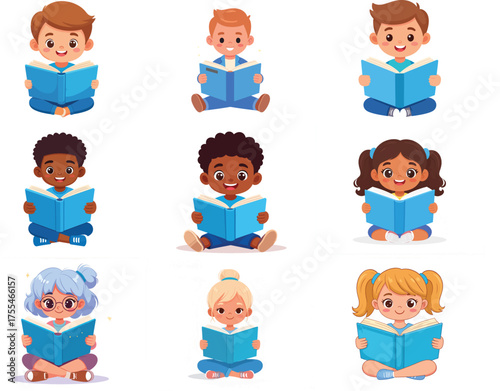A diverse group of nine cartoon children of various ethnicities and genders are depicted sitting and reading open blue books.