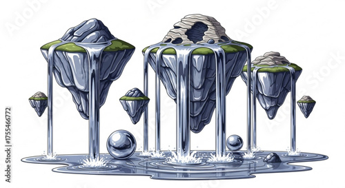 Floating islands fantasy landscape waterfall scene vector illustration for graphic design projects
