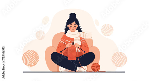 Cozy Scene of Woman Crafting, Relaxing and Enjoying Knitting Inside the House