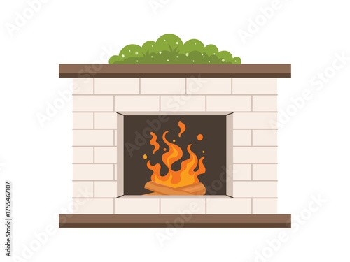 Fireplace with flame burning, home decor, winter