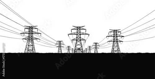 High voltage electricity transmission towers and power lines silhouette over horizon, industrial energy infrastructure landscape illustration, black and white vector background design