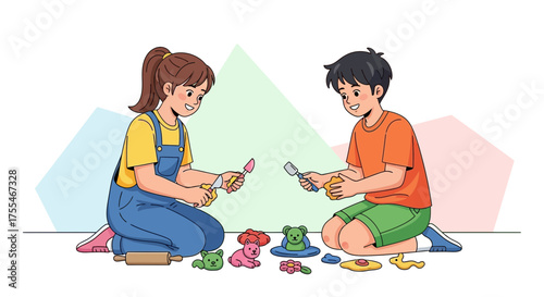 Creative Playtime: Illustration Of Children Molding Clay Figures, Forming Fun Shapes All Together