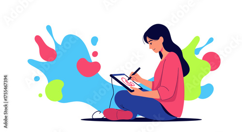 Creative Young Woman Illustrating Digital Art Design On Tablet Surrounded By Colorful Shapes